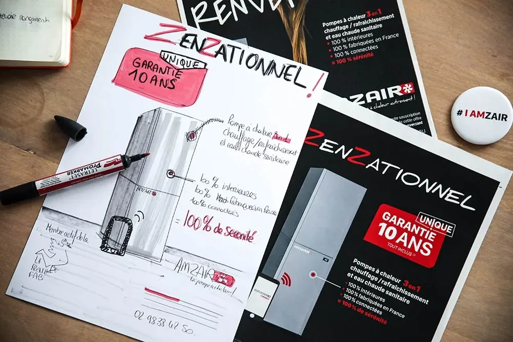 Affiches et croquis de campagne pour Amzair Industrie : expression créative d’une promesse produit différenciante dans l’univers de la pompe à chaleur.