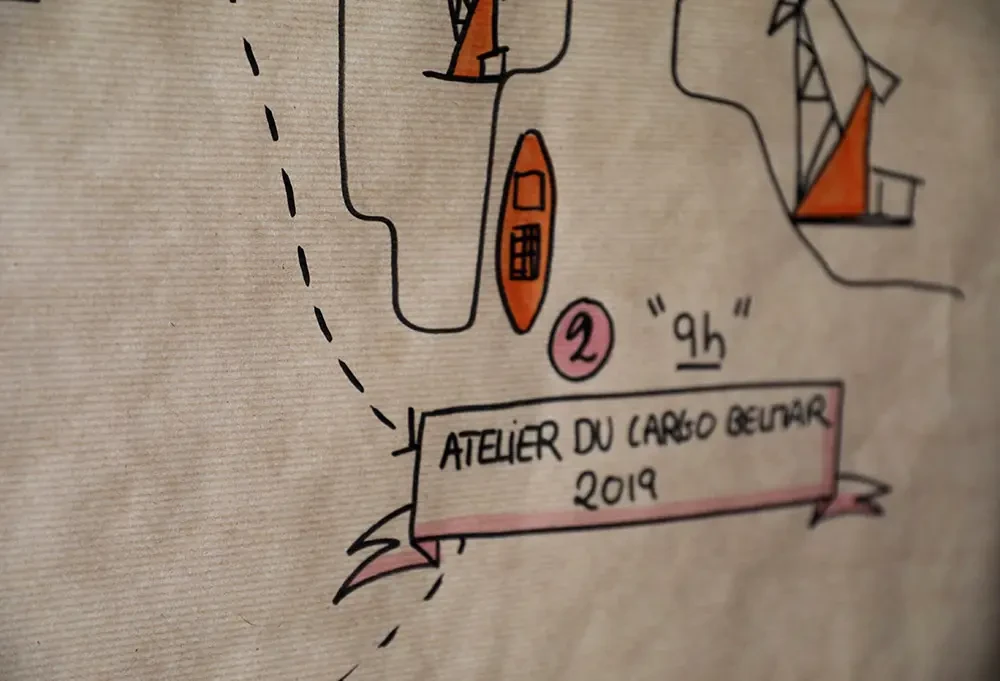 Détail d’une fresque dessinée à la main lors de l’atelier du Cargo Belmar, illustrant une étape du parcours collectif