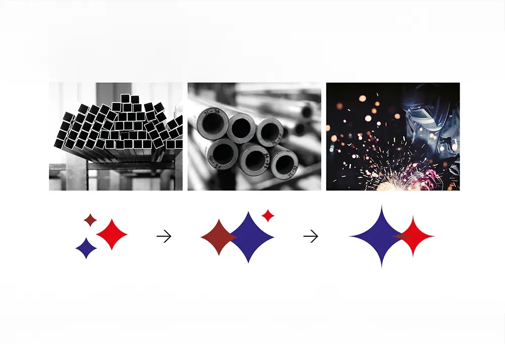 Photos industrielles de Belmet (tubes, soudures) et évolution du logo vers un symbole graphique rouge et bleu stylisé