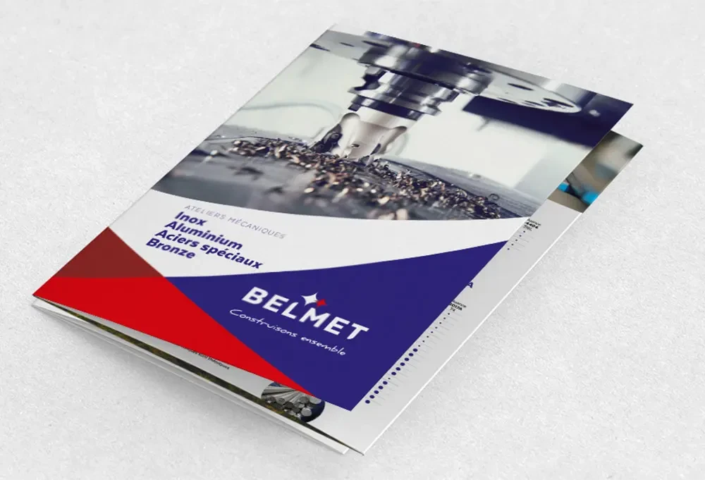 Plaquette commerciale Belmet présentant les matériaux travaillés (inox, aluminium, aciers spéciaux…), designée par Hippocampe