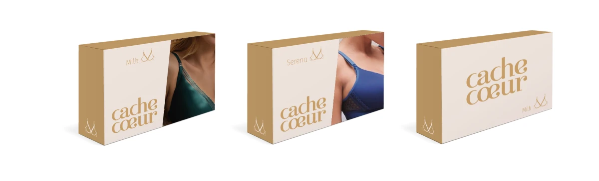 Gamme de packagings Cache Cœur pour les collections de lingerie de maternité, mêlant teintes poudrées et typographie pleine de douceur.
