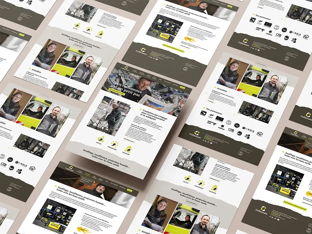 Vue en perspective de plusieurs pages du site web de Cellaouate, présentant ses activités, ses équipes et ses partenaires.