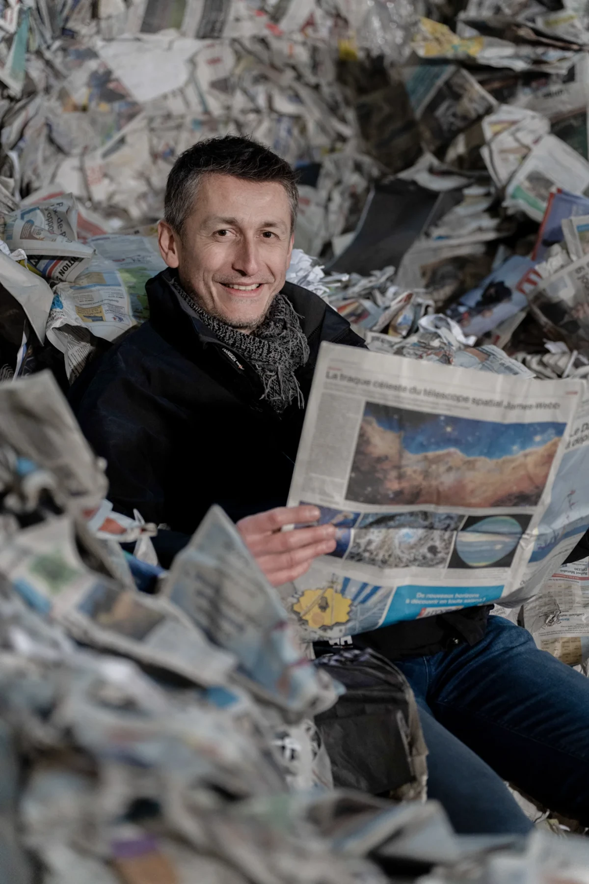 Portrait d’un collaborateur de Cellaouate tenant un journal dans un entrepôt de recyclage.