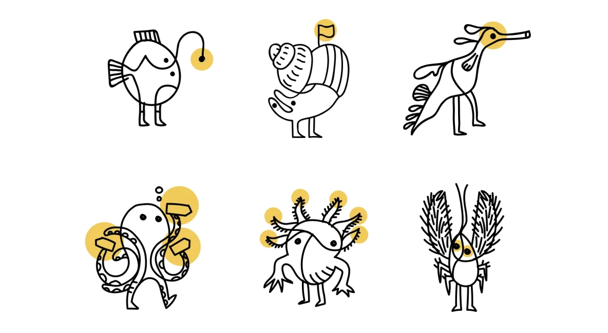 Série d’illustrations stylisées en noir et jaune représentant des créatures imaginaires inspirées de la faune marine bretonne, symbolisant la créativité et l’univers graphique du territoire de la Côte des Légendes.