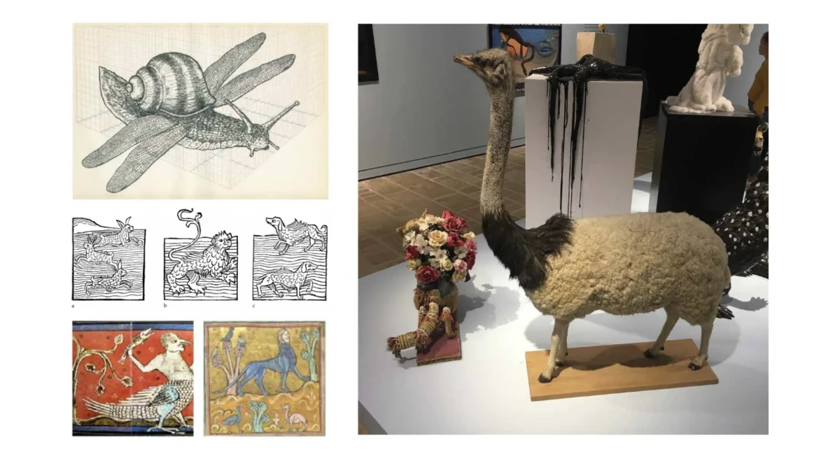 Assemblage visuel d’illustrations et d’objets artistiques représentant des créatures hybrides entre animal et mythe, source d’inspiration pour l’identité visuelle de la Côte des Légendes, mêlant réel et imaginaire breton.