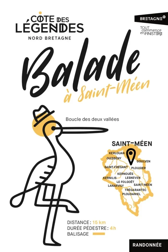 Affiche randonnée « Balade à Saint-Méen » sur la Côte des Légendes, avec carte, oiseau illustré et informations pratiques