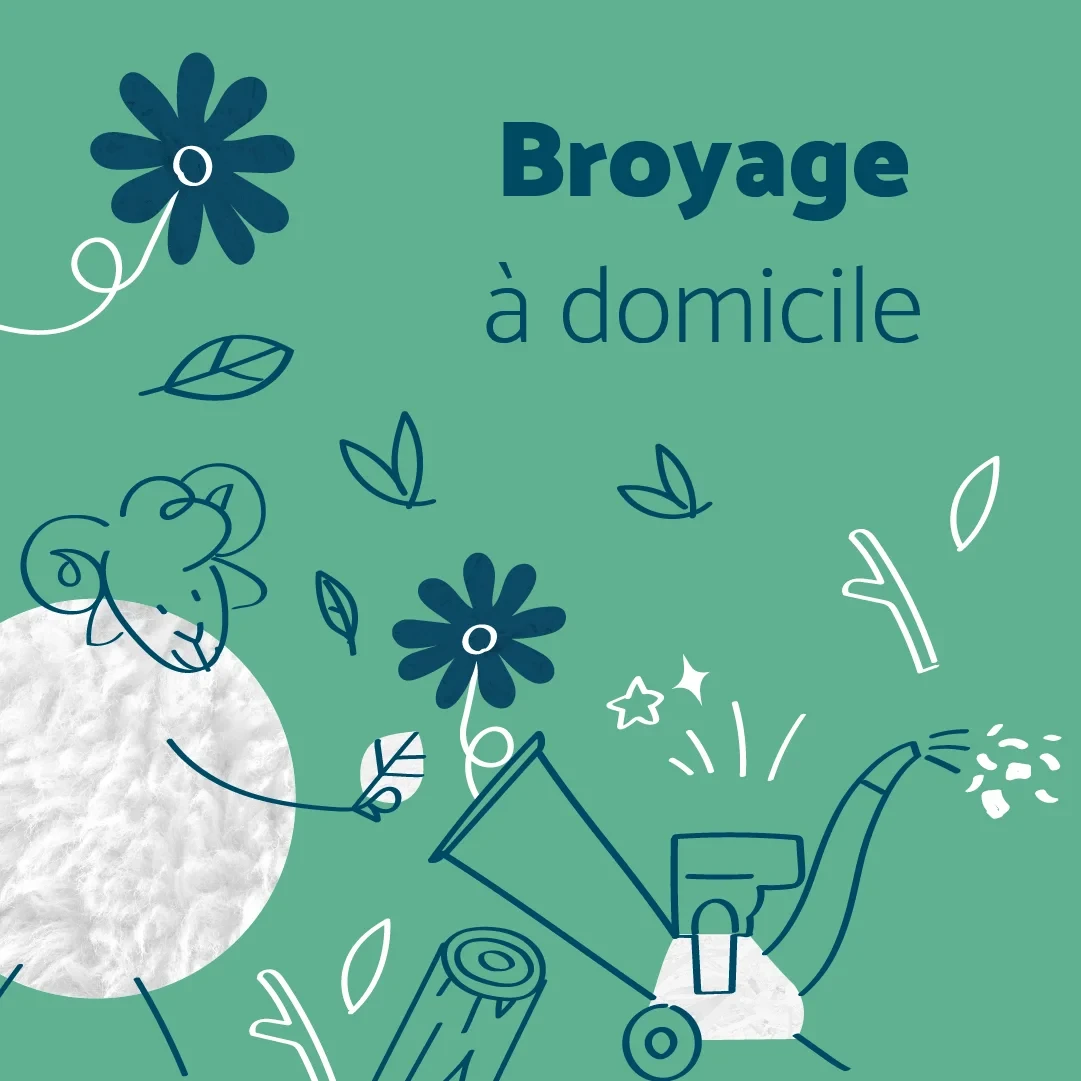 Illustration colorée d’un service de broyage à domicile proposé par le G4DEC, avec un mouton stylisé alimentant une broyeuse, représentant la valorisation locale des déchets verts.