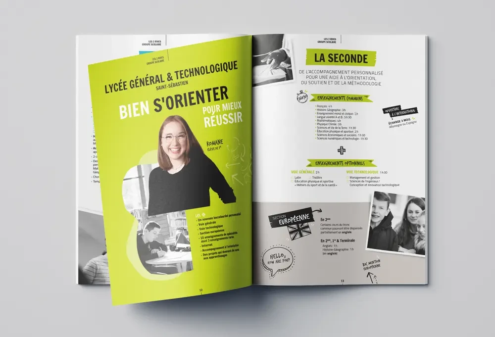 Double page de la brochure du lycée Saint-Sébastien sur l’orientation, avec témoignages, infographies et couleurs vives