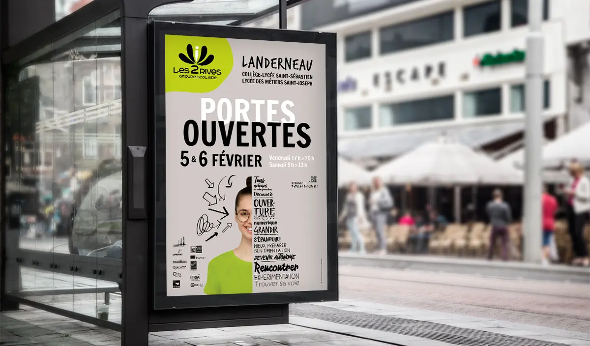 Affiche événementielle exposée en ville pour promouvoir les Portes Ouvertes du groupe scolaire Les 2 Rives à Landerneau.