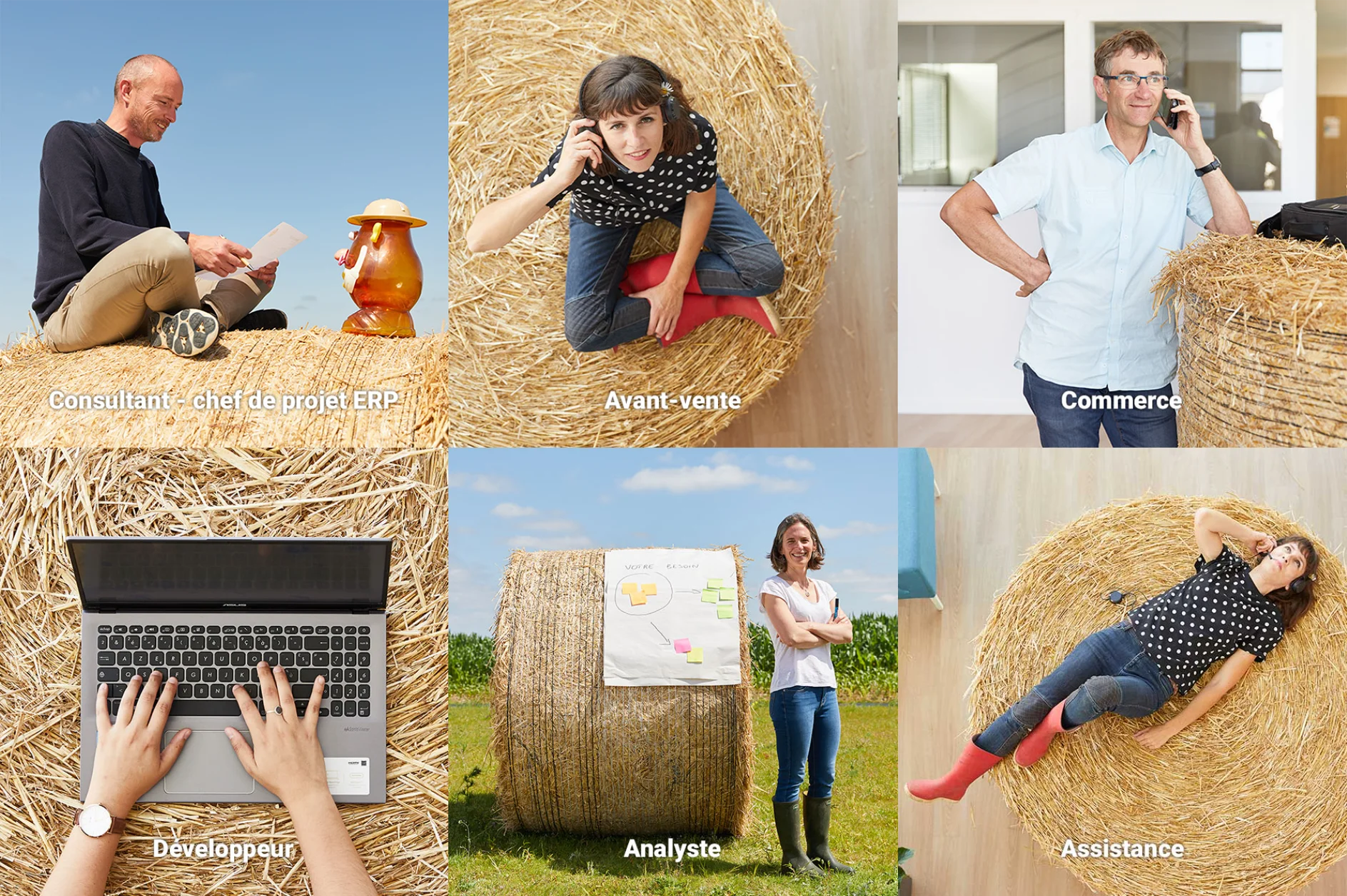 Mosaïque de portraits de collaborateurs de Kerhis illustrant différents métiers de l’entreprise, posés sur ou près de bottes de paille : consultant, avant-vente, commerce, développeur, analyste et assistance.