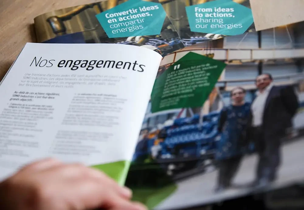 Page du rapport RSE de Kohler SDMO illustrant les engagements de l’entreprise et les témoignages des salariés