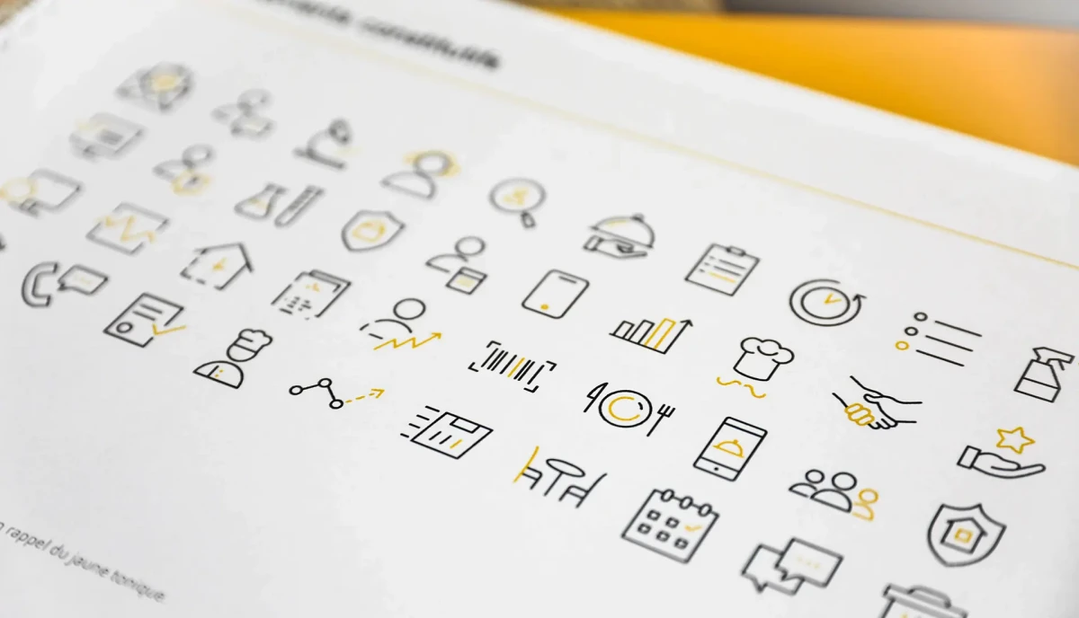 Page de pictogrammes thématiques extraits de la charte graphique Labhya, illustrant les services et usages de la marque avec une ligne claire et minimaliste.