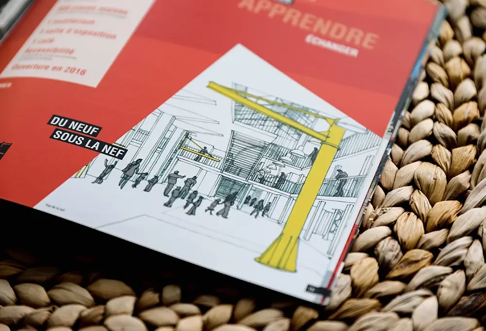 Dessin architectural représentant l’aménagement intérieur futur des Capucins, dans le cadre de la communication de chantier menée par Hippocampe