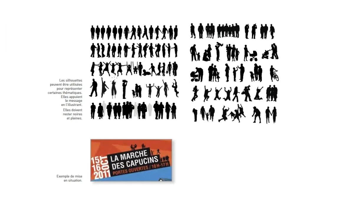 Ensemble de silhouettes noires représentant des habitants et visiteurs, utilisées dans la charte graphique des Capucins pour incarner la dimension humaine et collective du lieu, avec un exemple d’application sur une affiche événementielle.