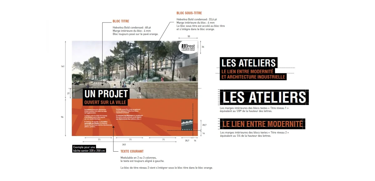 Exemple de mise en page de la charte graphique des Capucins, présentant la hiérarchie typographique, les marges et les blocs de titres utilisés pour les supports de communication institutionnelle.