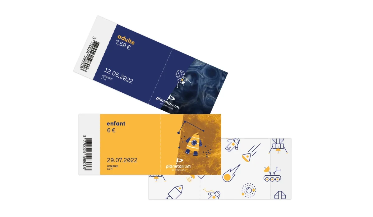 Billets d’entrée adulte et enfant pour le Planétarium de Bretagne, illustrés et colorés, designés par l’agence Hippocampe
