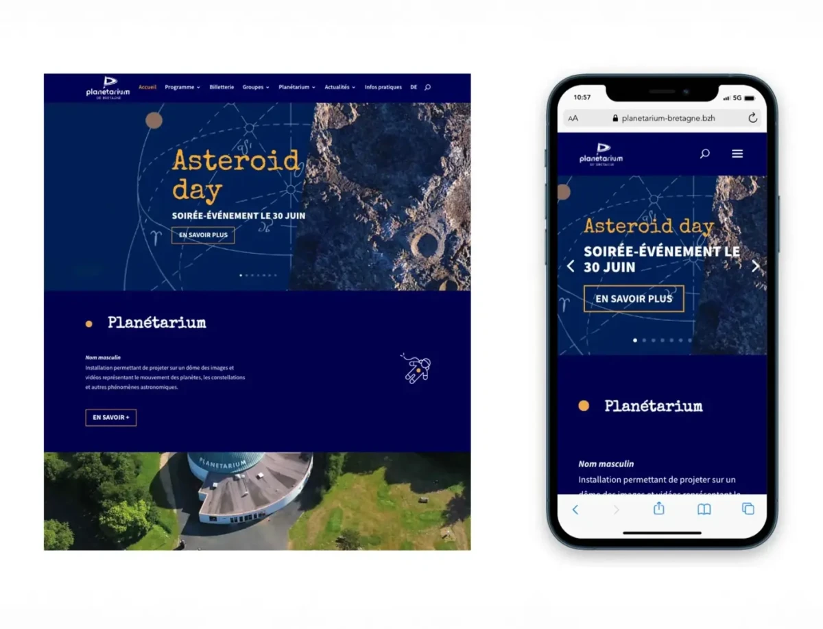 Captures d’écran du nouveau site web du Planétarium de Bretagne, en version ordinateur et mobile, designé par Hippocampe