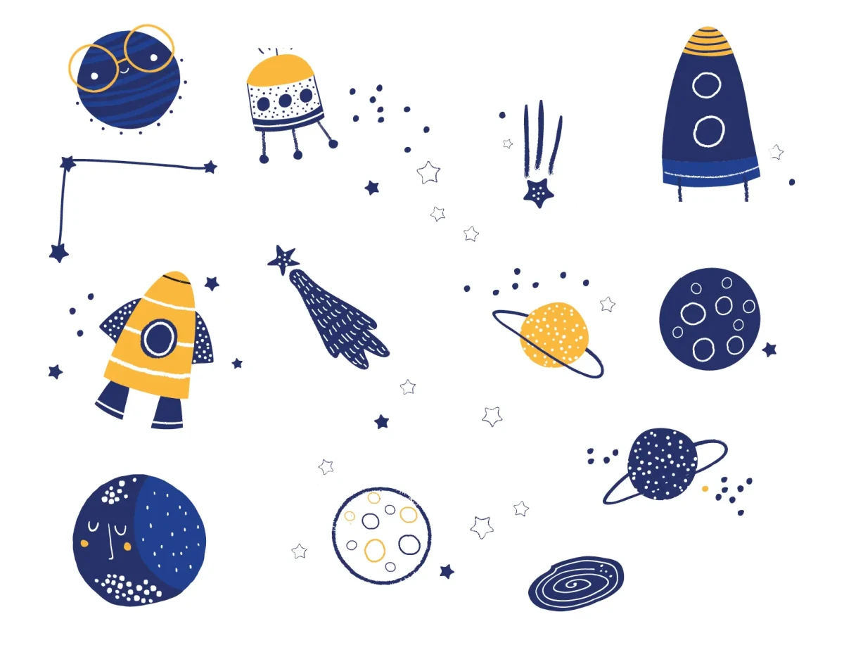 Illustrations graphiques représentant planètes, fusées et étoiles, conçues par Hippocampe pour le Planétarium de Bretagne