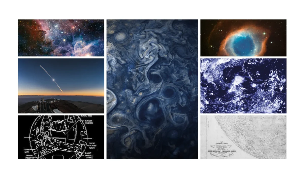 Mosaïque d’images de l’univers : nébuleuses, planètes, cartes et photos spatiales, éléments graphiques de la charte du Planétarium