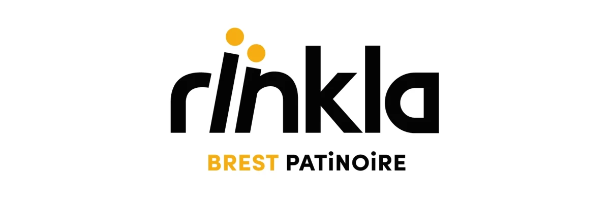 Logotype de la patinoire Rïnkla Brest Patinoire, en lettres noires avec deux pastilles orange au-dessus du « i ».