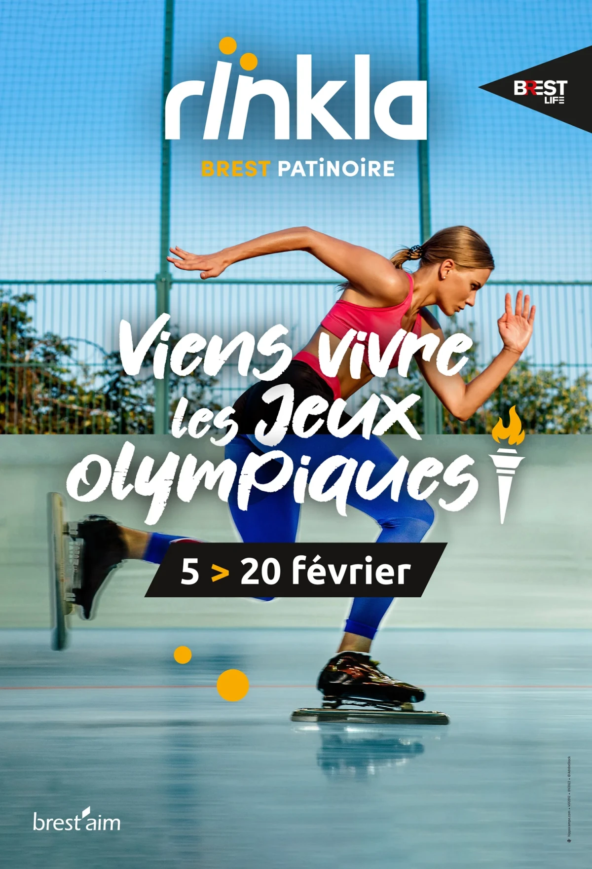 Affiche Rïnkla « Viens vivre les Jeux olympiques » avec une athlète en position de départ pour une course de vitesse sur glace, en tenue de sport rose et bleue.