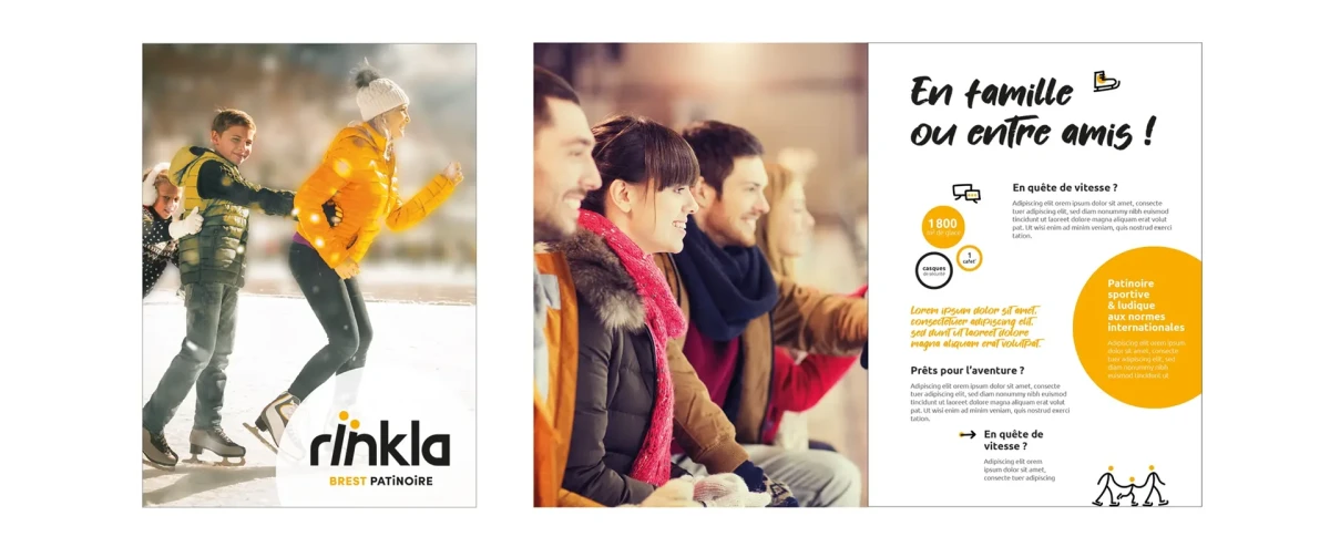 Double page de la plaquette institutionnelle de Rïnkla Brest Patinoire. À gauche, des enfants patinent en file indienne ; à droite, un groupe d’amis souriants et des pictogrammes présentant les services.