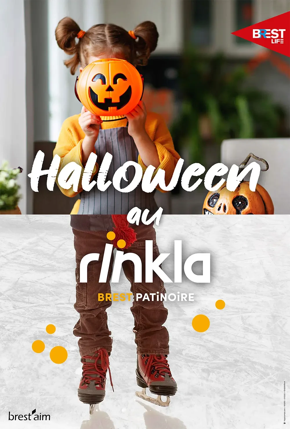 Affiche d’Halloween à la patinoire Rïnkla de Brest montrant un enfant tenant un seau citrouille devant son visage et portant des patins à glace sur une piste.