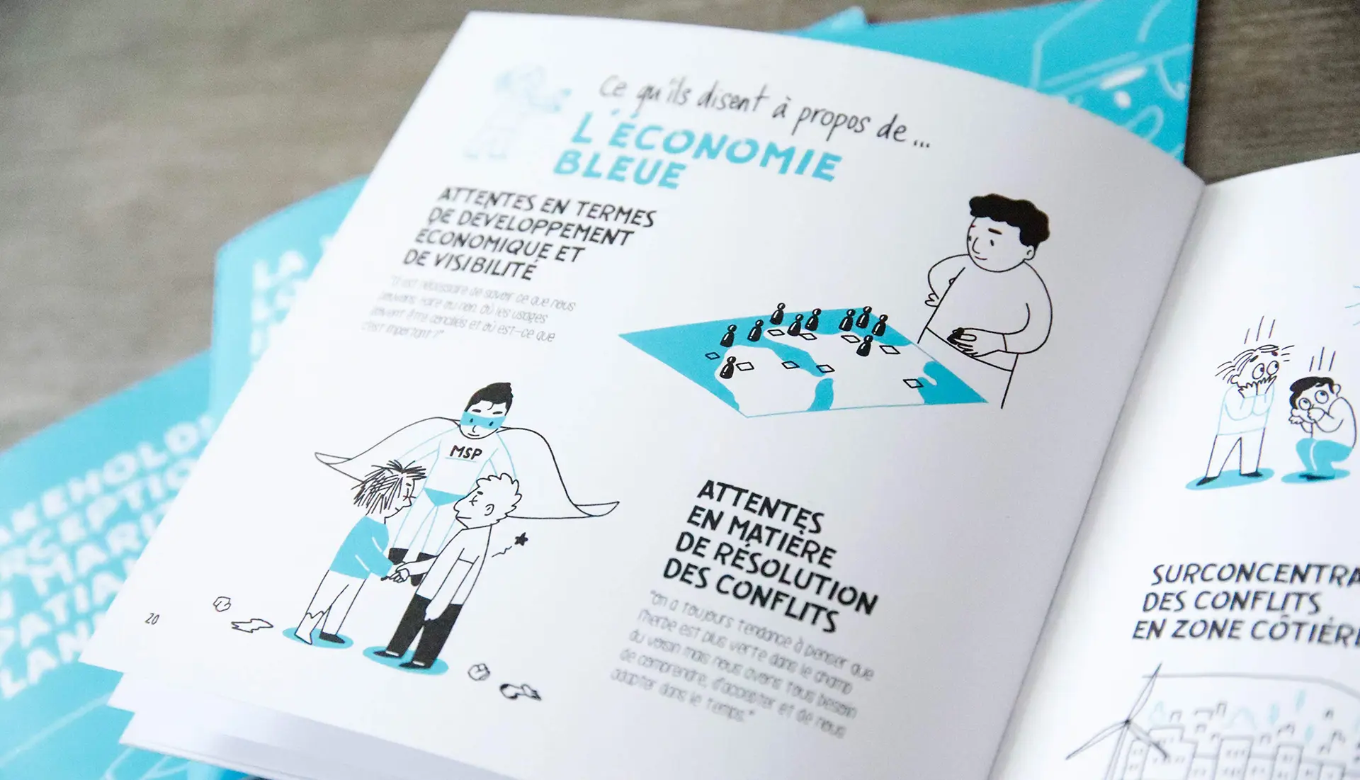 Page illustrée du livret SIMNORAT présentant les attentes des parties prenantes en matière d’économie bleue et de résolution des conflits