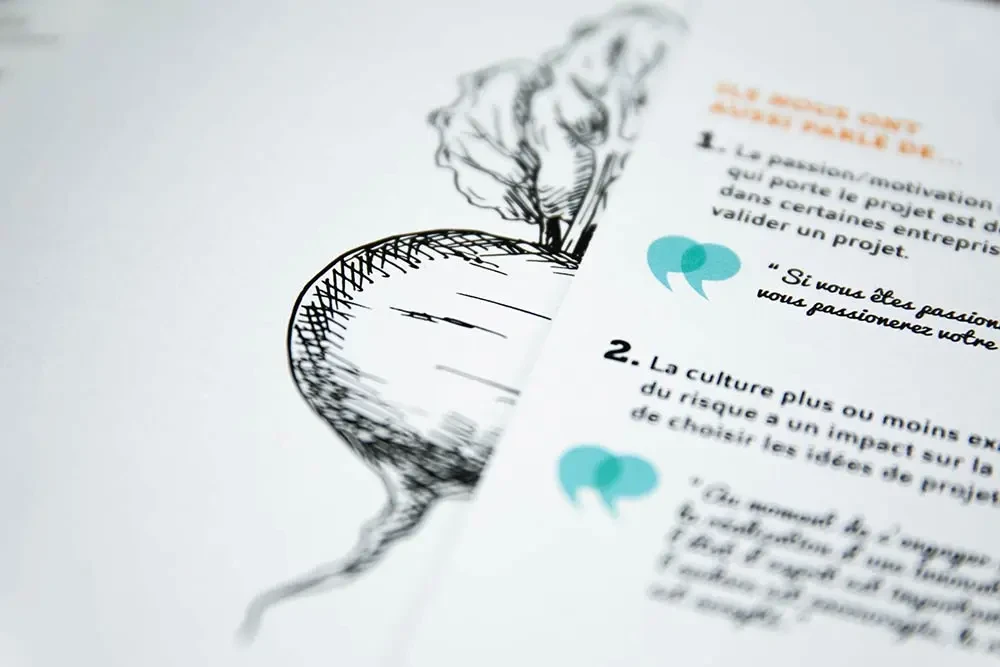 Zoom sur une illustration légumière et citations inspirantes dans le baromètre Valorial conçu par Hippocampe pour valoriser l’innovation agroalimentaire