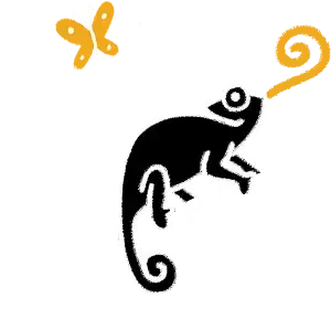 Composition graphique avec caméléon, papillon et feuillage – illustration métaphorique de la transformation, du vivant et de la connexion à la nature.