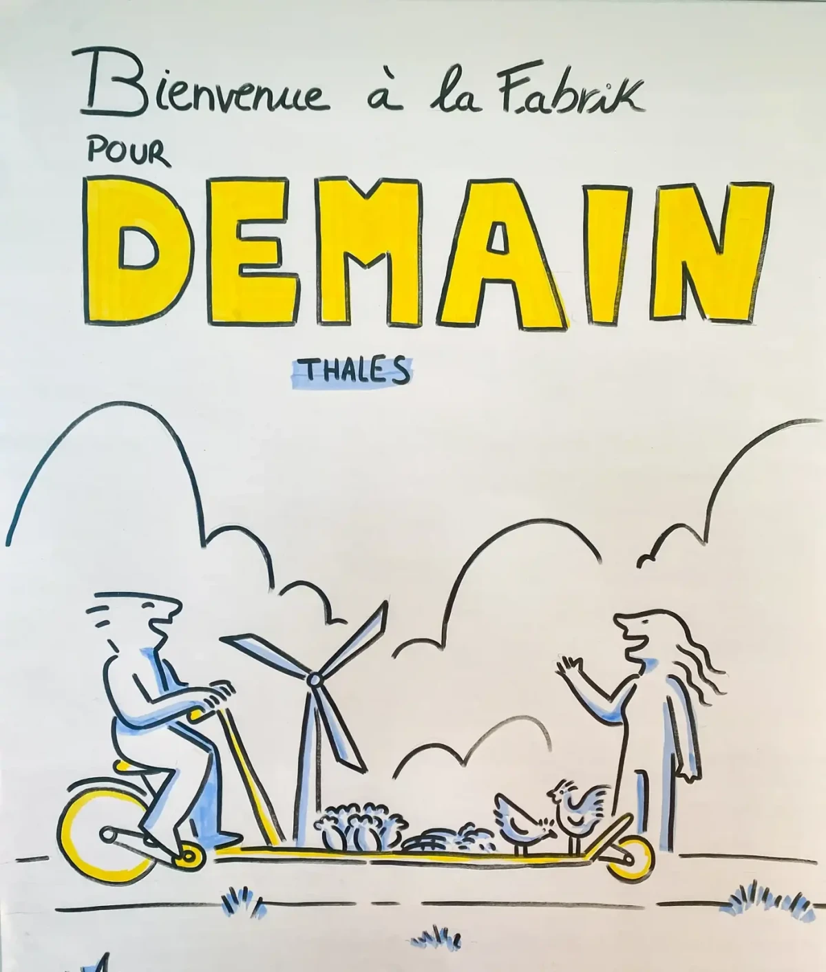 Illustration d’accueil de l’atelier « Bienvenue à la Fabrik pour Demain » chez Thales par Hippocampe – dessin symbolisant la transition écologique, l’innovation durable et la coopération.