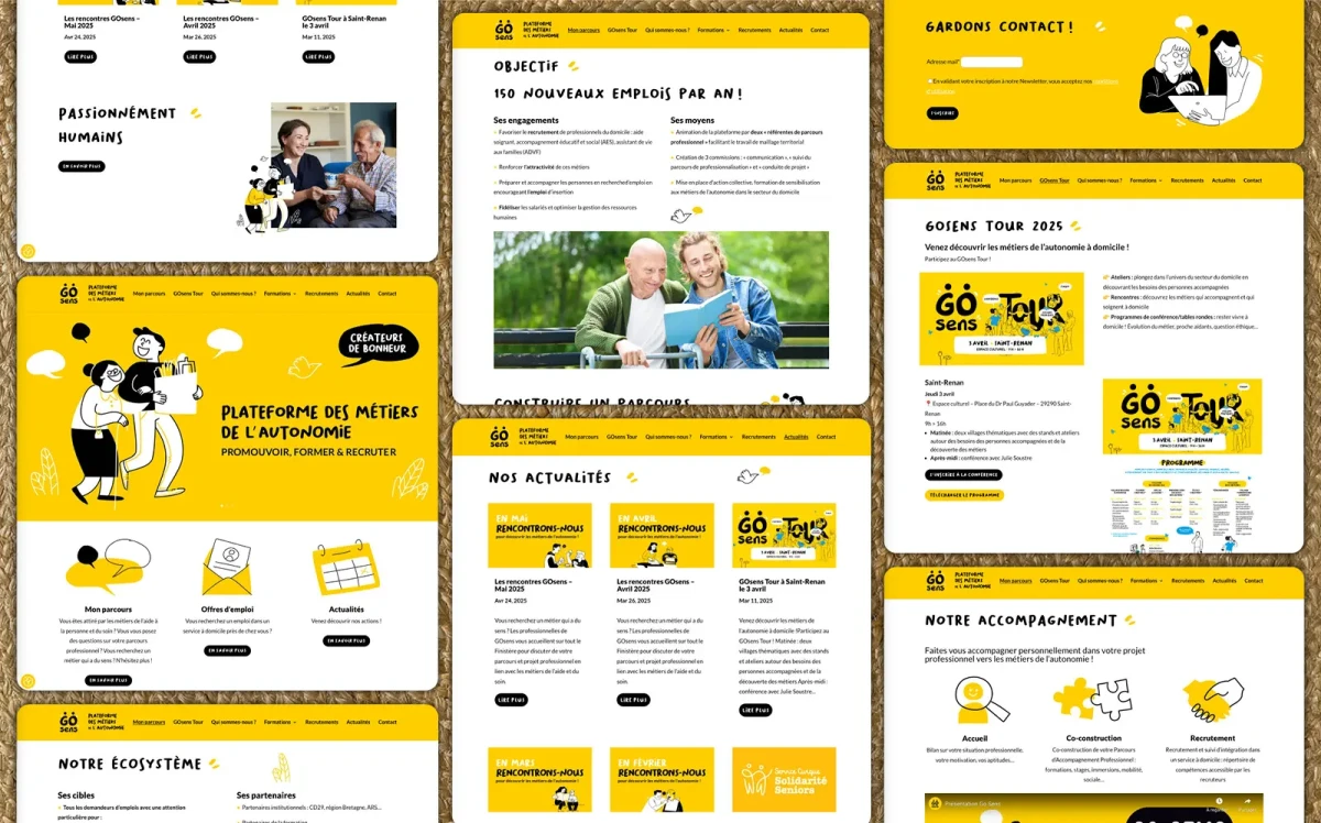 Capture d’écran du site GoSens montrant l’univers graphique de la plateforme des métiers de l’autonomie, ses engagements, ses actualités, le programme du GoSens Tour 2025, ainsi que les outils de parcours professionnel et les offres d’emploi.