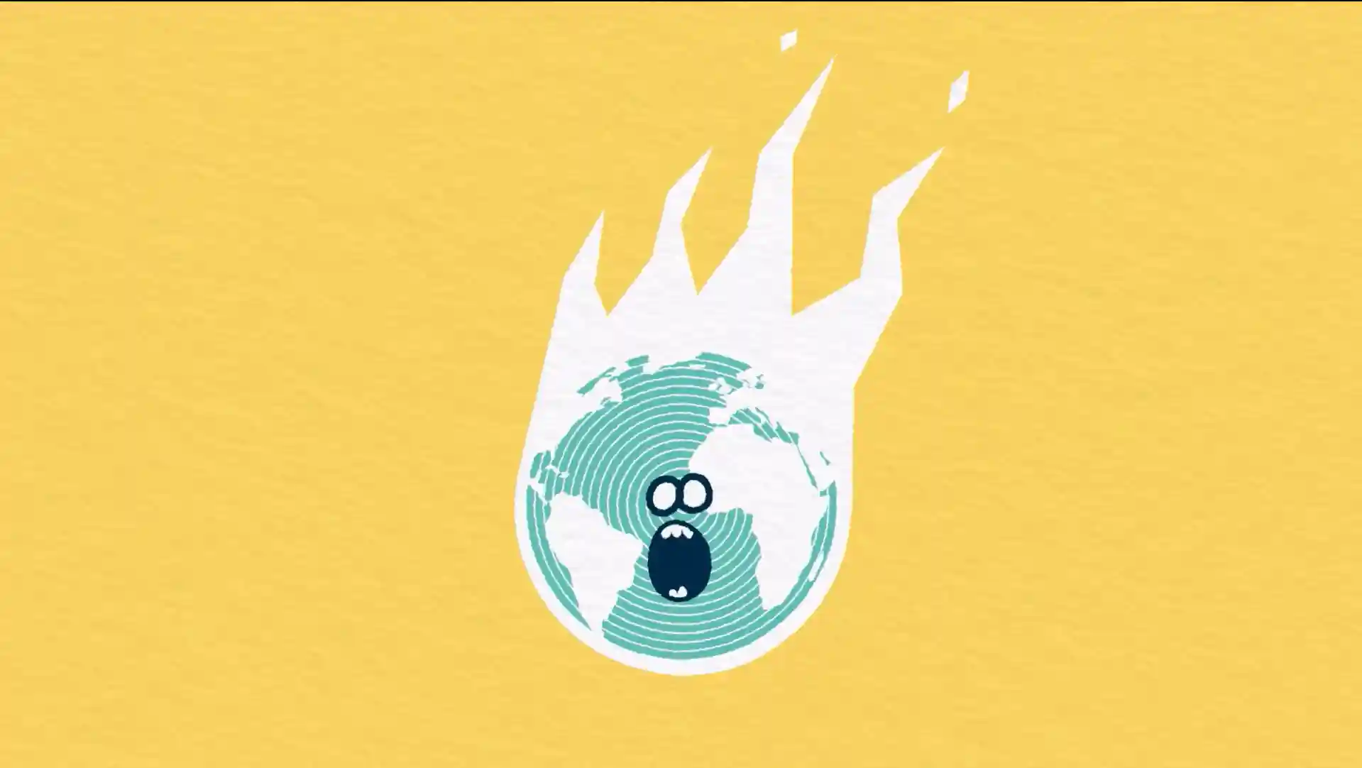 Illustration du globe en flammes avec visage paniqué – alerte symbolique sur le dérèglement climatique dans le cadre du Plan Climat du Pays des Abers.