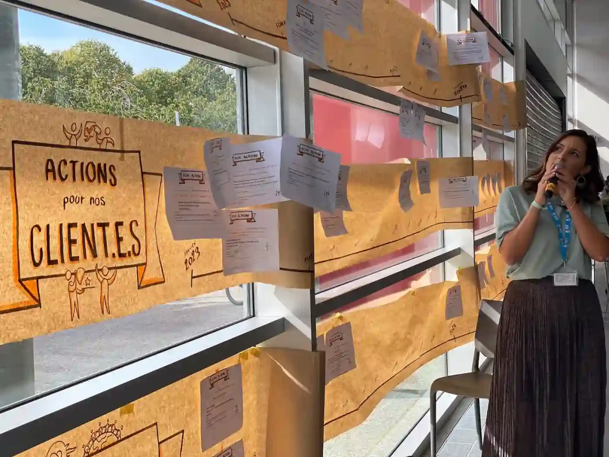 Présentation du plan d’actions Sevel par une collaboratrice – livrables affichés dans l’espace pour rendre visibles les propositions concrètes.